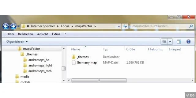 Die Karten der Locus-App speichern Sie im Ordner „LocusmapsVector“. Die Deutschlandkarte „Germany.map“ ist knapp 1,7 GB groß.