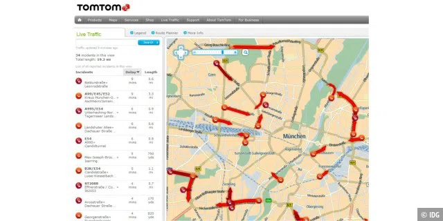 Wie Google, Garmin und Nokia bietet auch Tomtom die Verkehrsdaten in Echtzeit. Die Darstellung und Berücksichtigung für die Navigation variiert von Dienst zu Dienst.