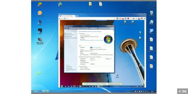 Den Desktop des entfernten PCs sehen Sie im Chrome-Browser und bedienen ihn wie gewohnt mit der Maus. Auch die Sound-Ausgabe wird vom entfernten PC auf Ihren umgeleitet.