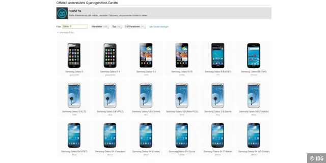 Auf der Cyanogen-Mod-Webseite kann man ganz gezielt nach einer für das jeweilige Smartphone passenden Version des Custom ROM suchen.