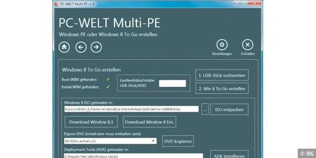 Mit PC-WELT MultiPE installieren Sie Windows 8.1 auf einem USB-Stick oder einer USB-Festplatte. Sie benötigen dazu die ISO-Datei von Windows 8.1 oder einer Windows-8-DVD.