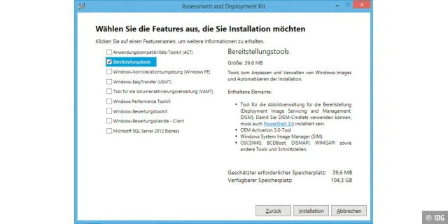 Damit sich Windows 8 To Go erstellen lässt, benötigen Sie einige Tools aus dem Microsoft Assessment and Deployment Kit. Sie müssen davon nur die „Bereitstellungstools“ installieren.