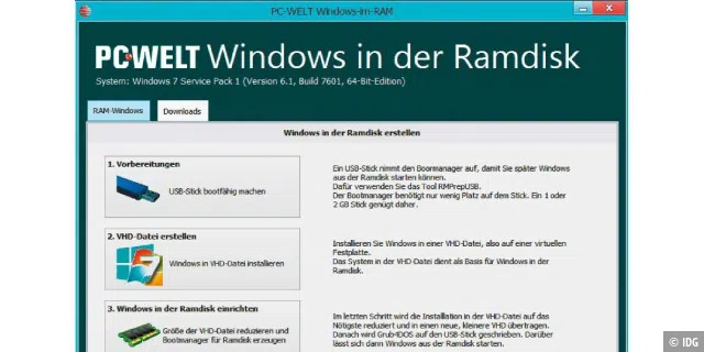 PC-WELT-Windows-im-RAM vereinigt unter seiner Oberfläche alle Tools, mit denen Sie Windows 7 oder 8 in einer Ramdisk ins tallieren können. Über die Registerkarte „Downloads“ laden Sie bei Bedarf Windows-ISOs von Microsoft herunter.