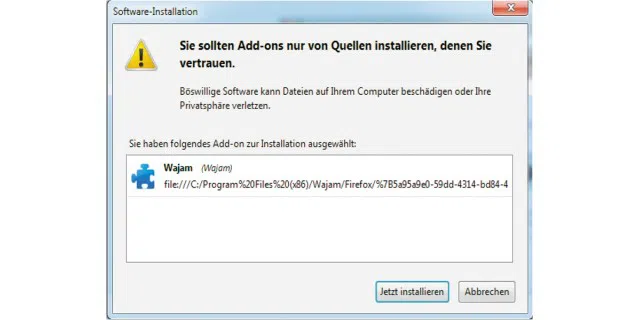 Vorsicht! Hier fragt der Add- on-Manager von Firefox, ob ein bestimmtes Plug-in installiert werden soll – in diesem Fall besser nicht.