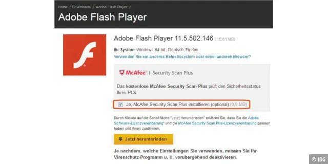 Hier gilt es schon beim Herunterladen aufzupassen, denn für den Download des Flash-Players ist ein Sicherheits-Addon von McAfee voreingestellt.