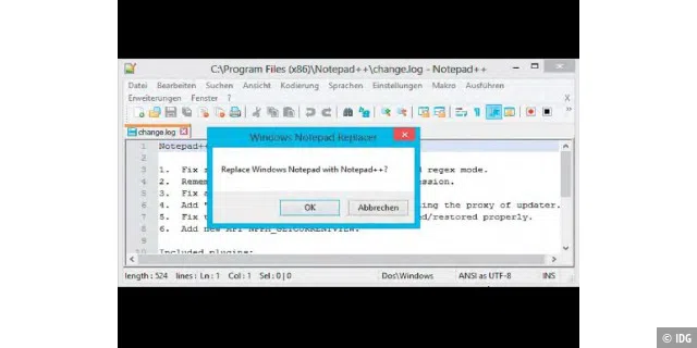 Notepad verbannen: Der Notepad Replacer Notepad++ tauscht den ungeliebten Texteditor auf Dateisystemebene durch das mächtigere Notepad++ aus. Ein Eingriff, der Änderungen an Dateizuordnungen überflüssig macht.