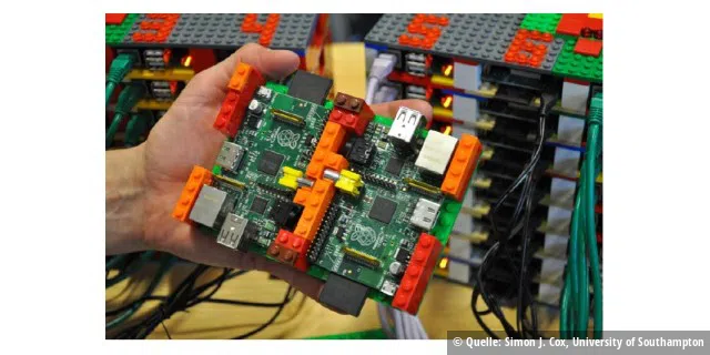 Cluster: 64 Platinen eines Raspberry Pi wurden per Ethernet-Switches an der Universität von Southampton zu einem Parallelrechner verbunden. Legosteine halten die Simulation eines Superrechners zusammen.