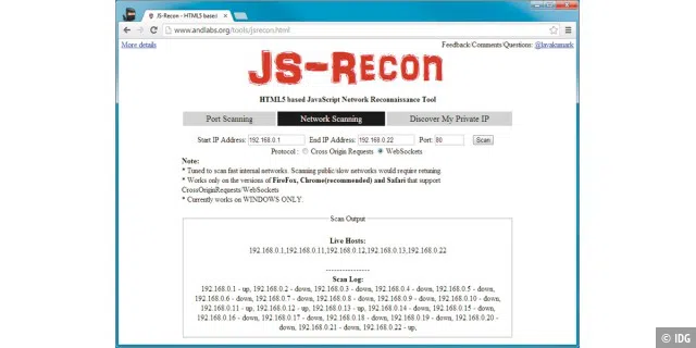 Die Demoseite JS-Recon nutzt HTML 5 und Javascript, um Geräte im lokalen Netzwerk zu finden. Hacker könnten die Methode für einen Angriff verwenden.