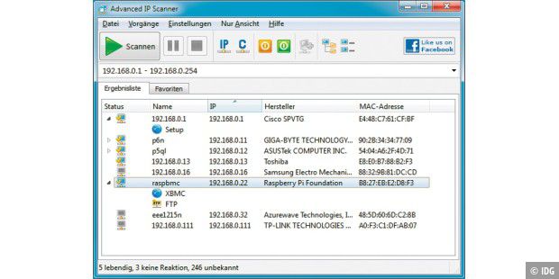 Das kostenlose Tool Advanced IP Scanner durchsucht IP-Adressbereiche nach aktiven Geräten und zeigt an, ob ein Web- oder FTP-Server unter einer IP-Nummer erreichbar ist.