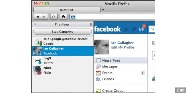 Das Add-on Firesheep (für Firefox bis 3.6.x) kann den Datenverkehr im Netzwerk belauschen und fremde Online-Sitzungen kapern.