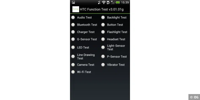 Test-Menü: Auf dem HTC Desire X bringt ein bestimmter Code Tests für Bildschirm, Sensoren und Kameras zum Vorschein.