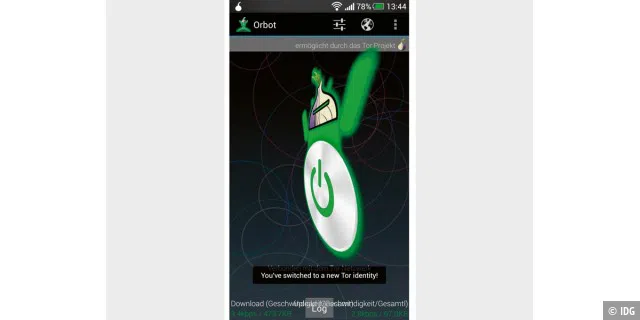Durch Drehen des Power-Buttons in der App Orbot wechseln Sie zu einer anderen IP-Adresse, mit der Sie im Netz unterwegs sind.