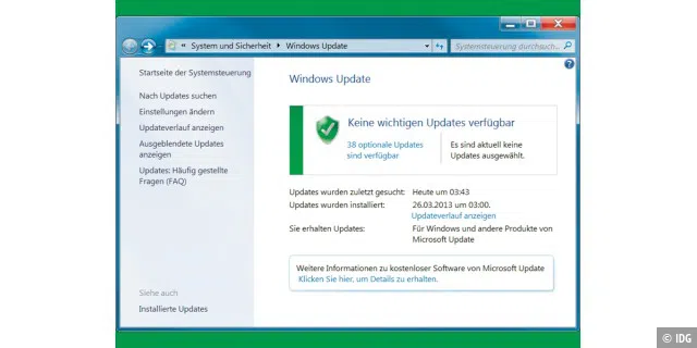 Aktuelles Windows: Das Fenster des Windows-Updates verrät, ob alle relevanten Aktualisierungen tatsächlich installiert wurden.