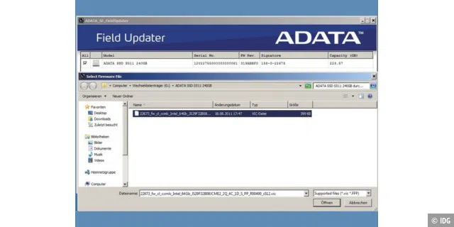 Das Programm Field Updater für SSDs mit Sandforce-Controller läuft unter Windows und erkennt automatisch das SSD-Modell.