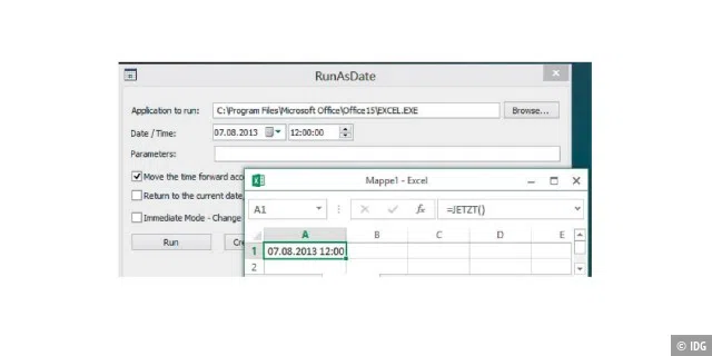 Datumsschwindler: Runasdate gaukelt einer Software per API-Call falsche Zeitdaten vor, ohne die Systemzeit zu ändern. Excel lässt sich täuschen, wie die Funktion JETZT in Excel zeigt (Punkt 4).