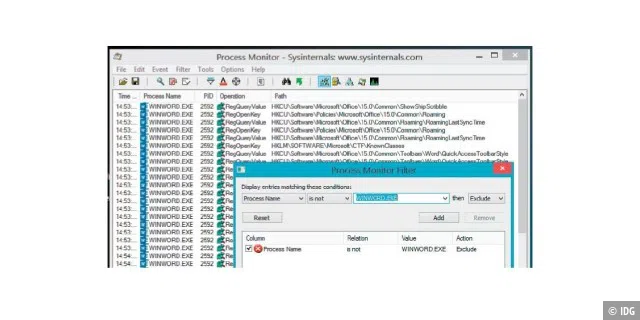 Gut gefiltert ist halb gewonnen: Der Process Monitor kann aus Hunderttausend Ereignissen die Registry-, Datei- und Netzwerkaktivitäten eines einzelnen Prozesses filtern (Punkt 6).