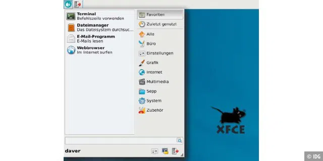 Whisker-Menü in XFCE: Das Plug-in für das Panel ersetzt das traditionelle XFCE-Menü und bringt mit seiner Suchfunktion einen Hauch von KDE auf den XFCE-Desktop (hier unter Debian 7).