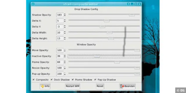 Auf der Schattenseite des Desktops: Der Xfce4-Composite-Manager ist ein nachrüstbarer Menüpunkt für XFCE, um Effekte wie Schattenwurf und Transparenz zu konfigurieren.