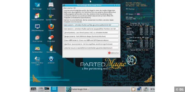 Parted Magic: Das Live-System lässt sich direkt von Plus-DVD starten und bietet neben dem bekannten Partitio-nierer Gparted ein Tool für ATA Secure Erase.
