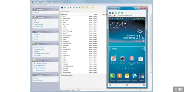Mit My Phone Explorer verwalten Sie am PC Ihr Android-Smartphone, kopieren Dateien zwischen PC und Mobiltelefon, lassen sich den Ladestatus anzeigen und schreiben SMS vom PC aus.