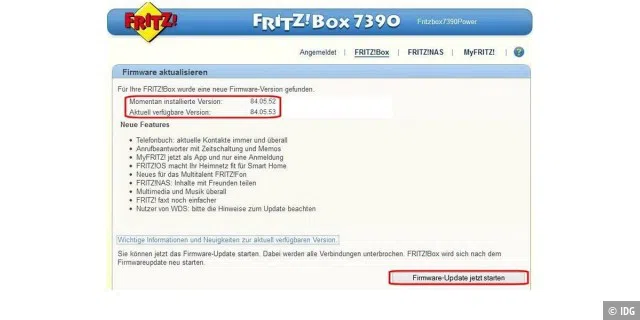 Die Online-Prüfung hat ergeben, dass für die Fritzbox eine neue Firmware bereit steht (oben). Über die Schaltfläche 