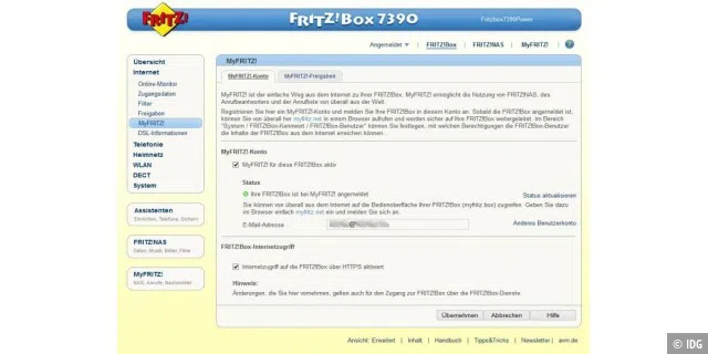 Volle Kontrolle: Der Cloud-Dienste „My Fritz“ erlaubt die volle Kontrolle aus der Ferne über die Fritzbox, eingeschlossen den Zugriff auf Datenträger, die am Router angeschlossen sind.