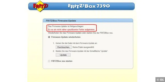 Fehler beim Firmware-Update der Fritzbox mit einem „nicht näher spezifizierten Fehler“. Der Grund ist auch hier die Zwangskonfiguration des Routers, also das Provisioning.