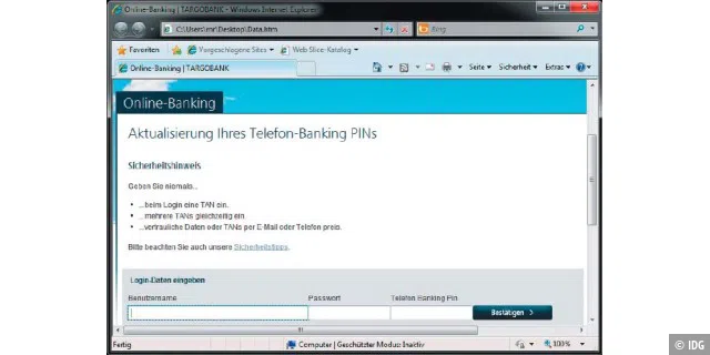 Bei dieser Phishing-Attacke auf Kunden der Targo-Bank führt ein Link in einer fingierten Mail zu einer gefälschten Website zum Ändern der Telefonbanking-PIN.