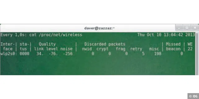 Improvisierter WLAN-Monitor in der Shell: Es braucht nur zwei verknüpfte Befehle, um die Messwerte des WLAN-Chips zur Verbindungsqualität (Spalte „Quality“, Wert „link“) im Sekundentakt anzuzeigen.