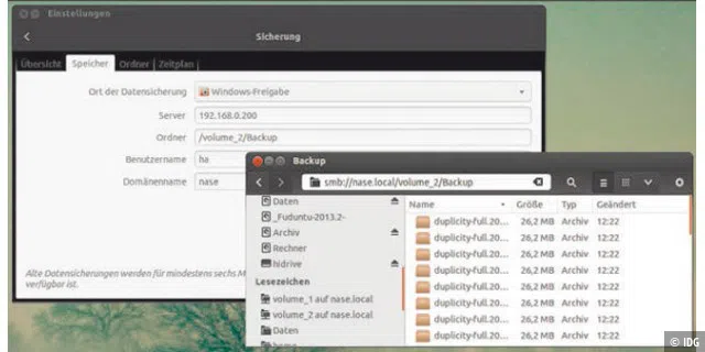 Sicherung auf NAS-Freigabe unter Ubuntu: Im Tool Déjà Dup müssen Sie den Zielort der Sicherung eingeben. Der vom Dateimanager gezeigte Pfad hilft Ihnen dabei nicht wirklich.