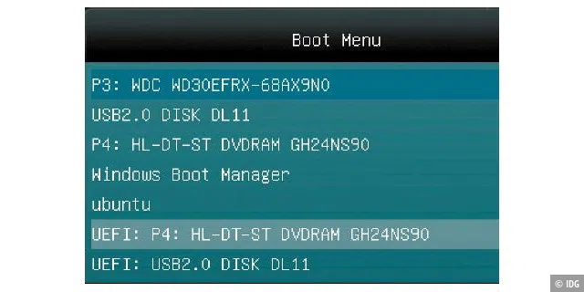 Die Wahl zwischen den installierten Betriebssystemen und die Auswahl eines Uefi-Installationsmediums kann bei einem Uefi-System über den Bootmanager der Firmware erfolgen.