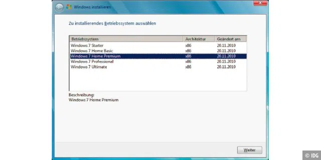 Die heruntergeladenen Windows-Installations-ISOs sind eigentlich für Windows 7 Professional gedacht. Wenn Sie die Datei Ei.cfg entfernen, haben Sie die freie Wahl zwischen den Systemen.