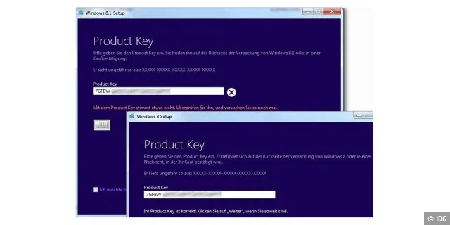 Gleicher Key, aber nach Microsoft unterschiedliche Windows-Versionen: Während Windows 8 den Produktschlüssel akzeptiert, ist er für Windows 8.1 ungültig.