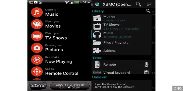 XBMC und Android: Links sehen Sie das offizielle XBMC Remote und rechts Yatse. Welche App Sie bevorzugen, ist unter anderem Geschmackssache.