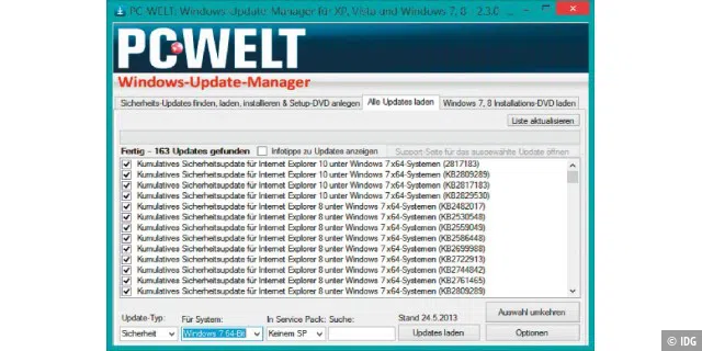 Updates für alle Windows-Systeme laden Sie über den PC-WELT-Update-Manager Patchloader herunter. Über die Auswahlfelder geben Sie Update-Typ und System an.