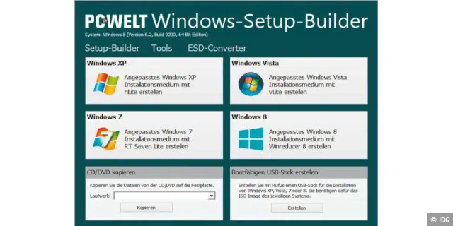 Per PC-WELT Windows-Setup-Builder können Sie vier verschiedene Tools starten, mit denen sich individuelle Installationsdateien für Windows XP, Vista, 7 und Windows 8 erstellen lassen.