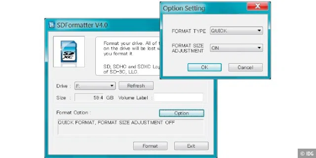 SD-Karte formatieren: Damit Noobs von der SDKarte bootet, bereiten Sie die Karte unter Windows mit dem Tool SD Formatter vor. Setzen Sie die Optionen, wie in der Abbildung zu sehen. Danach kopieren Sie Noobs auf die SD-Karte.