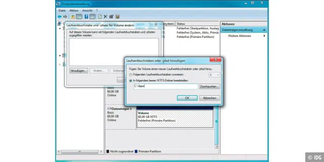 Laufwerk ohne Buchstabe: Über die Datenträgerverwaltung lassen sich Partitionen auch in einen Ordner einhängen. Das ist flexibler und kann für mehr Übersicht im Windows-Explorer sorgen.