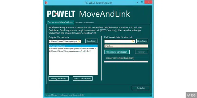 PC-WELT-MoveAndLink: Mit dem PC-WELT-Tool verschieben Sie Ordner etwa auf eine zweite Festplatte. Es erstellt einen Link auf den Zielordner, so dass er über den ursprünglichen Pfad erreichbar bleibt.