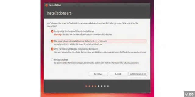 Komplett verschlüsselt unter Ubuntu und Co: Der grafische Installer bietet seit Version 12.10 diese Option, um mit Cryptsetup-Luks eine Partition anzulegen, die wiederum logische Volumes enthält.