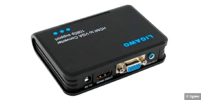 Konverter-Box: Ein HDMI-zu-VGA-Konverter mit eigener Stromversorgung kann den Raspberry Pi mit älteren Monitoren und auch Beamern verbinden, die nur einen analogen VGA-Eingang haben.