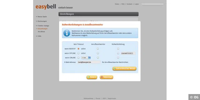 Web-Konfiguration für den VoIP-Anschluss von Easybell