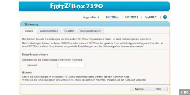 Der erste Schritt bei Experimenten mit der Fritzbox: Sichern Sie die aktuellen Einstellungen des Routers. Bei Bedarf können Sie die Sicherungsdatei mit einem Kennwort schützen. Bei Problemen stellen Sie die Einstellungen aus der Kopie wieder her.