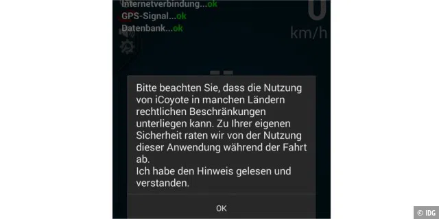 Original-Screenshot von der Coyote-App: „Zu Ihrer eigenen Sicherheit raten wir von der Nutzung dieser Anwendung während der Fahrt ab“, sagt der Hersteller.