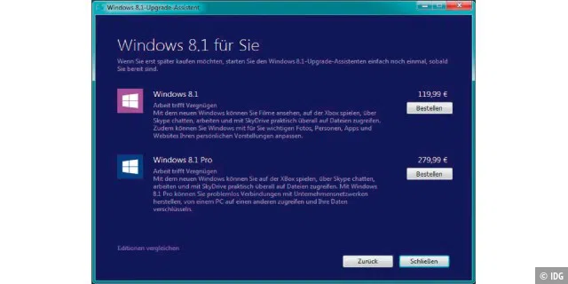 Der Upgrade-Assistent gibt einen kostenlosen Kompatibilitätsbericht aus. Anschließend können Sie aus dem Tool heraus eine Windows-Lizenz kaufen ? allerdings verlangt Microsoft den Listenpreis.