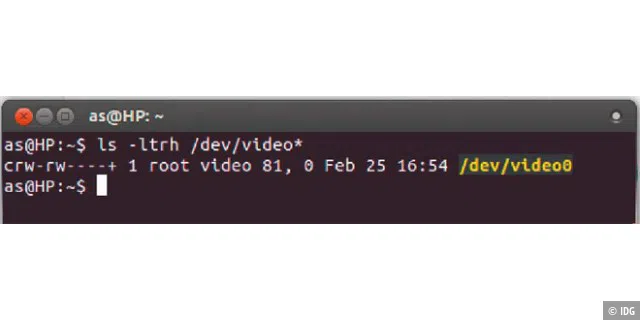 Das Linux-System hat die Kamera gefunden und aktiviert: Diese registriert sich als Gerät „/dev/video0“, was sich mit dem Befehl ls -ltrh /dev/video* verifizieren lässt.
