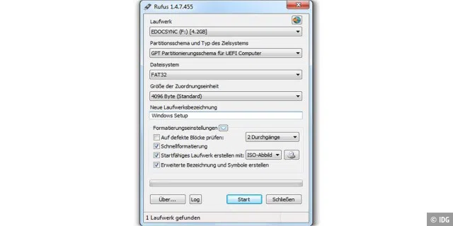Rufus erstellt aus ISO-Dateien bootfähige USB-Sticks, so auch zum Installieren der Microsoft-Betriebssysteme mit allen passenden Parametern.