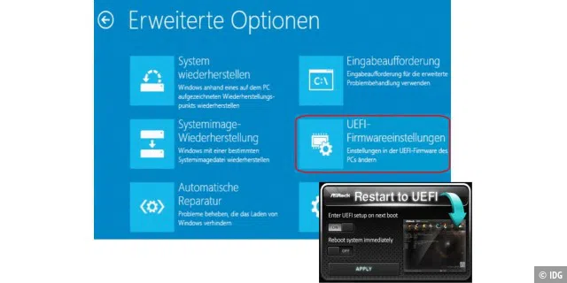 Trotz UEFI-Modus fehlen die „UEFI-Firmwareeinstellungen“ bei manchen Rechnern mit Windows 8 bzw. 8.1 – dann helfen spezielle Tools oder Tipp 10.