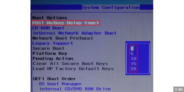 „Post Hotkey Delay“ heißt die Funktion, über die Sie im UEFI eine Verzögerung einstellen, um mehr Zeit zum Drücken der Funktionstasten für den Setup-Start oder die Boot-Auswahl zu haben.