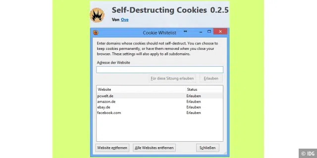Mit Self-Destructing Cookies sorgen Sie dafür, dass alle Cookies – bis auf die Ausnahmen, die Sie selber festlegen – nach Verlassen der jeweiligen Seite automatisch gelöscht werden.